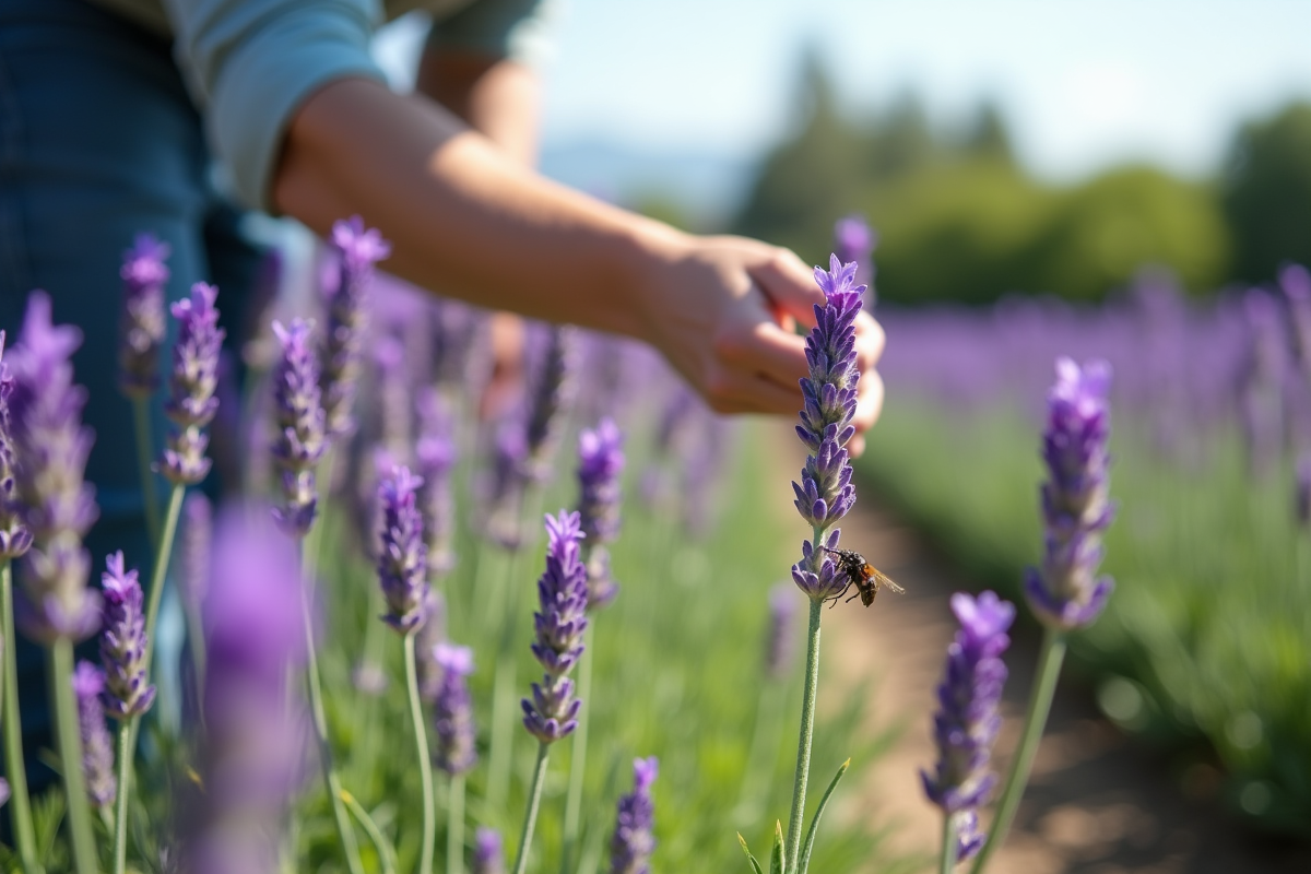 Jardinier inspectant lavande attaquée par des insectes