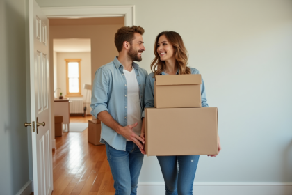Jeune couple souriant portant des cartons dans un appartement