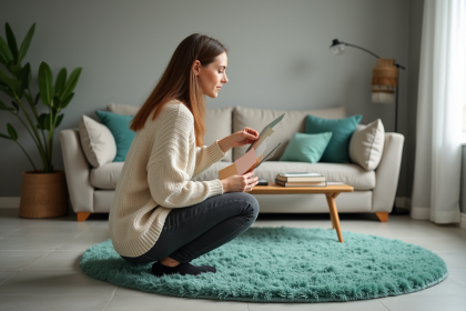 Jeune femme contemplant un tapis dans un salon scandinave