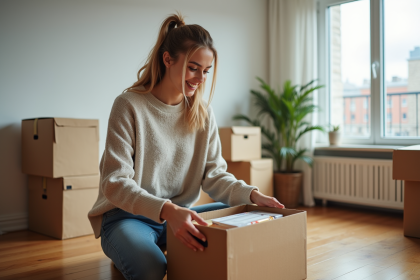 Jeune femme emballant des livres dans une bo&icirc;te &agrave; la maison