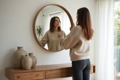 Jeune femme accrochant un miroir rond dans un salon moderne