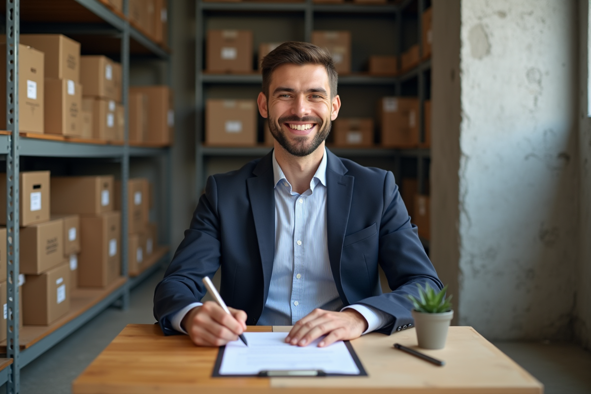 Jeune homme signant un contrat de location dans un sous-sol organisé