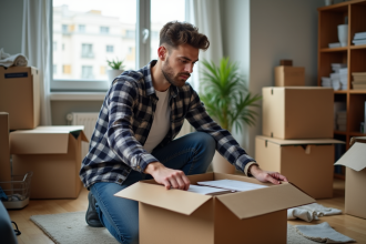 Jeune homme en pleine organisation de livres dans un salon en déménagement