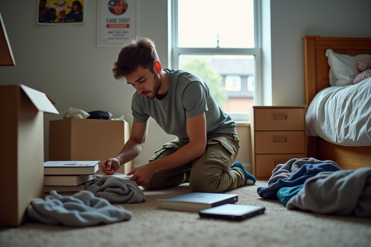 Jeune homme organisant des livres et vêtements dans une chambre