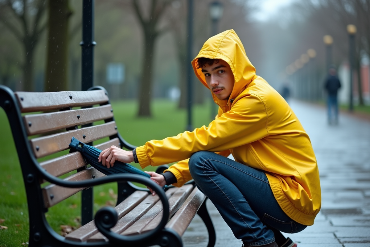 Jeune homme attachant son parapluie au banc dans un parc après pluie