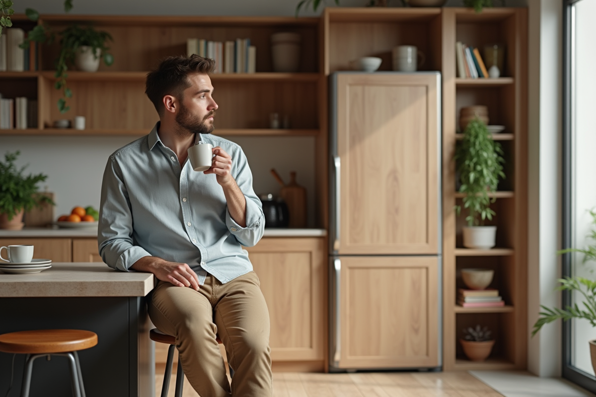 Jeune homme buvant un café près du frigo dissimule