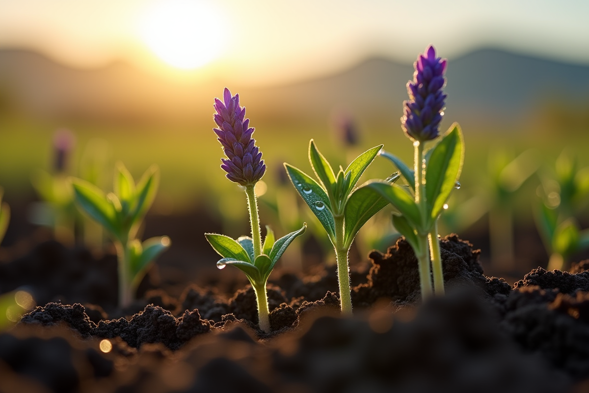 Jeunes plants de lavande avec rosée au matin sous la lumiere dorée