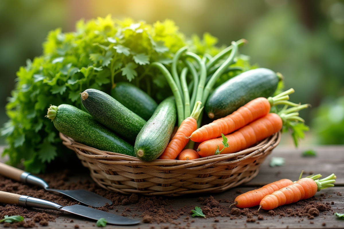Légumes frais récoltés dans un panier en bois sur une table extérieure