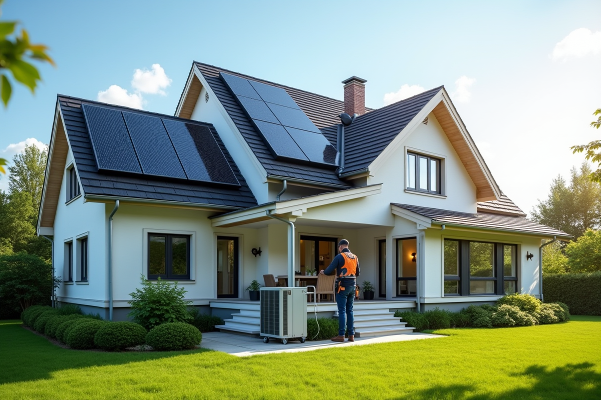 Maison avec panneaux solaires et technicien installant pompe a chaleur