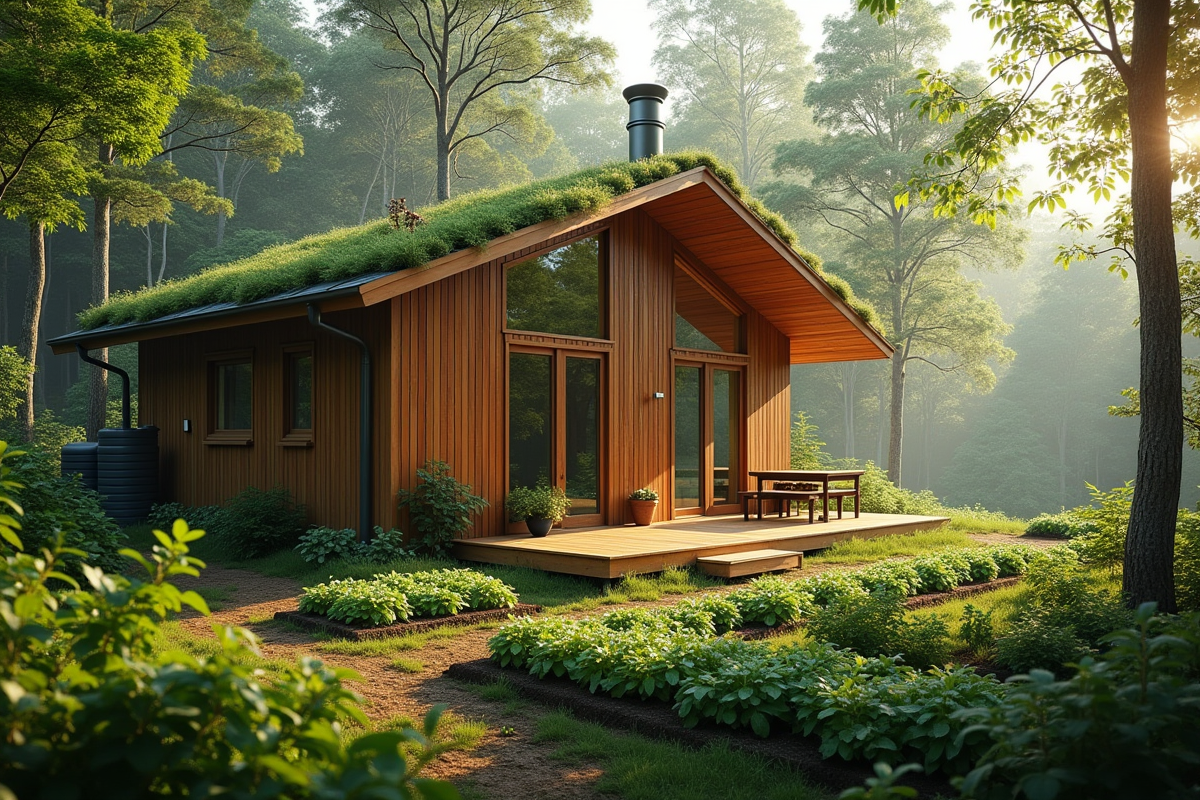 Maison en bois écologique dans la forêt avec jardin potager