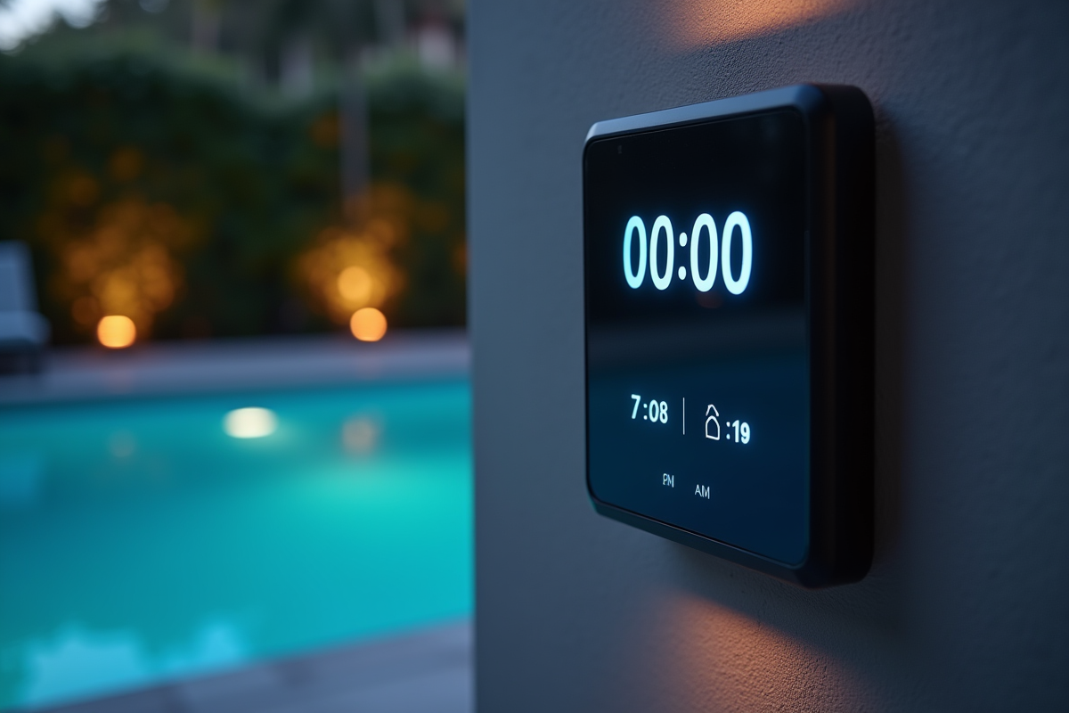 Zoom sur un minuteur digital de piscine avec éclairage doux