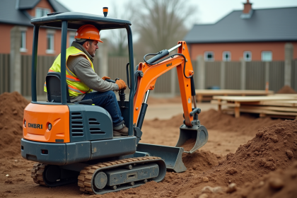 Ouvrier de construction avec excavateur sur site urbain