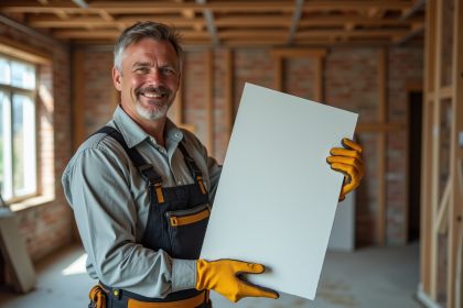 Ouvrier en travaux avec panneau d'isolation rigide