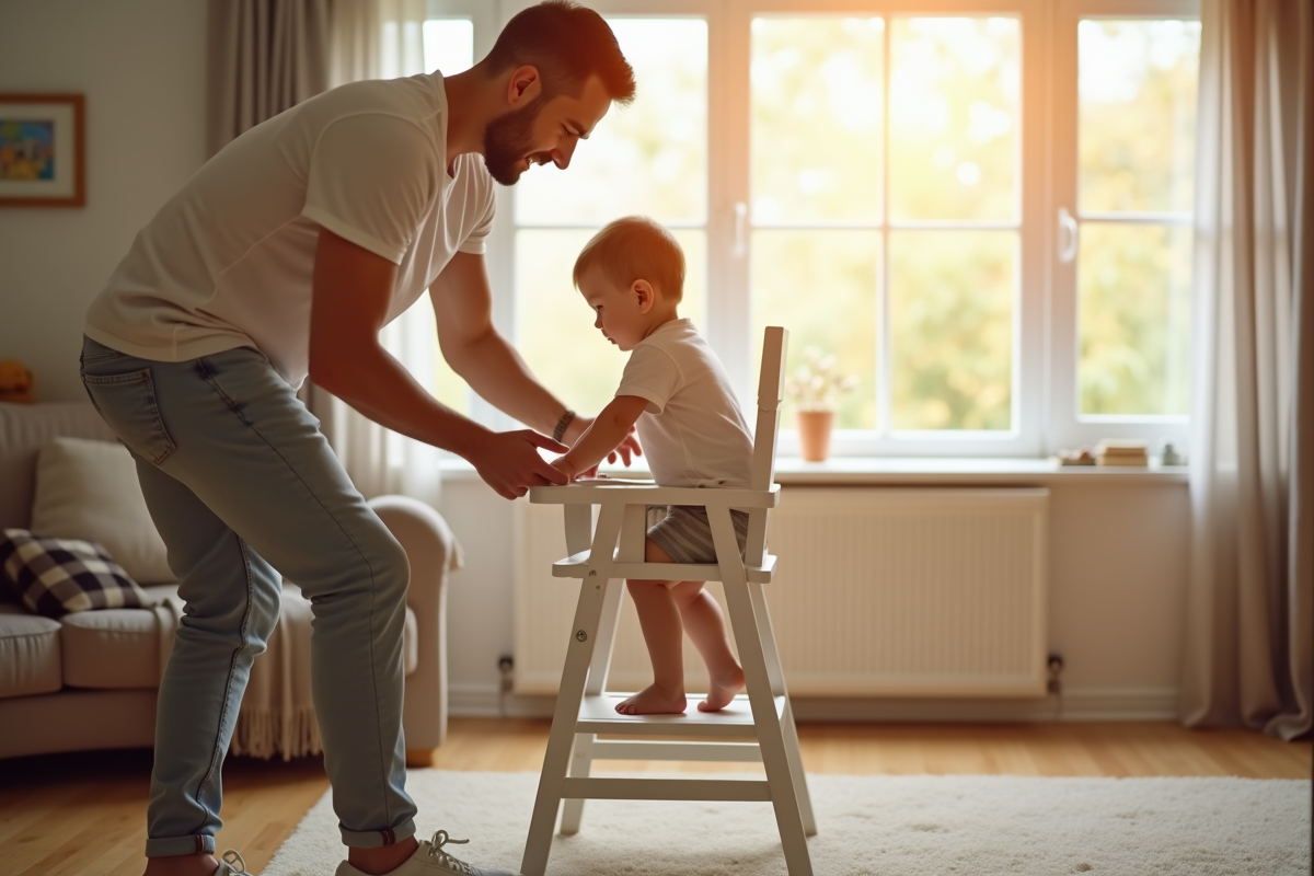 Père aidant son enfant à descendre de la chaise haute dans une ambiance chaleureuse