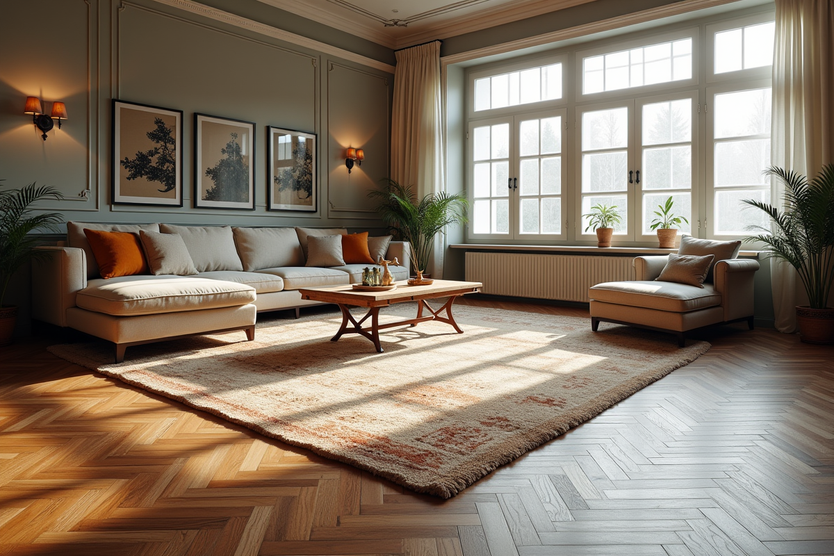 Appartement contemporain avec parquet ancien et tapis modernes