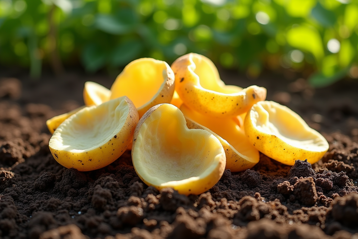 Pelures de pommes de terre sur sol de jardin avec compost et vers