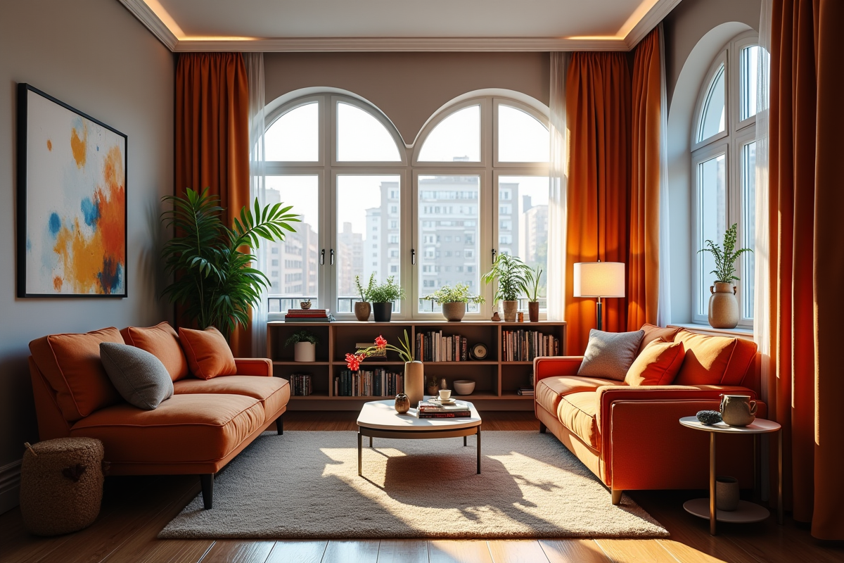 Petit salon cosy avec meubles gain de place et accents colorés