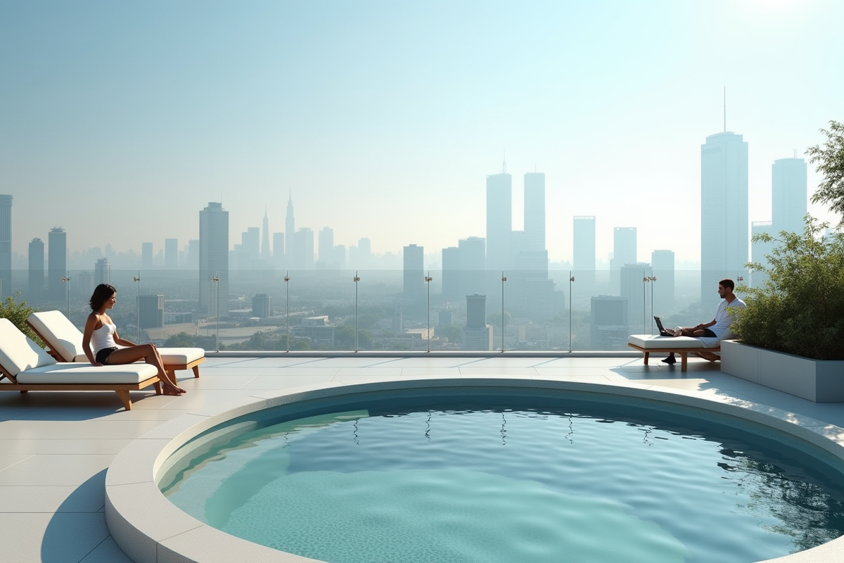 Petite piscine ronde sur un toit avec skyline urbain en arrière-plan