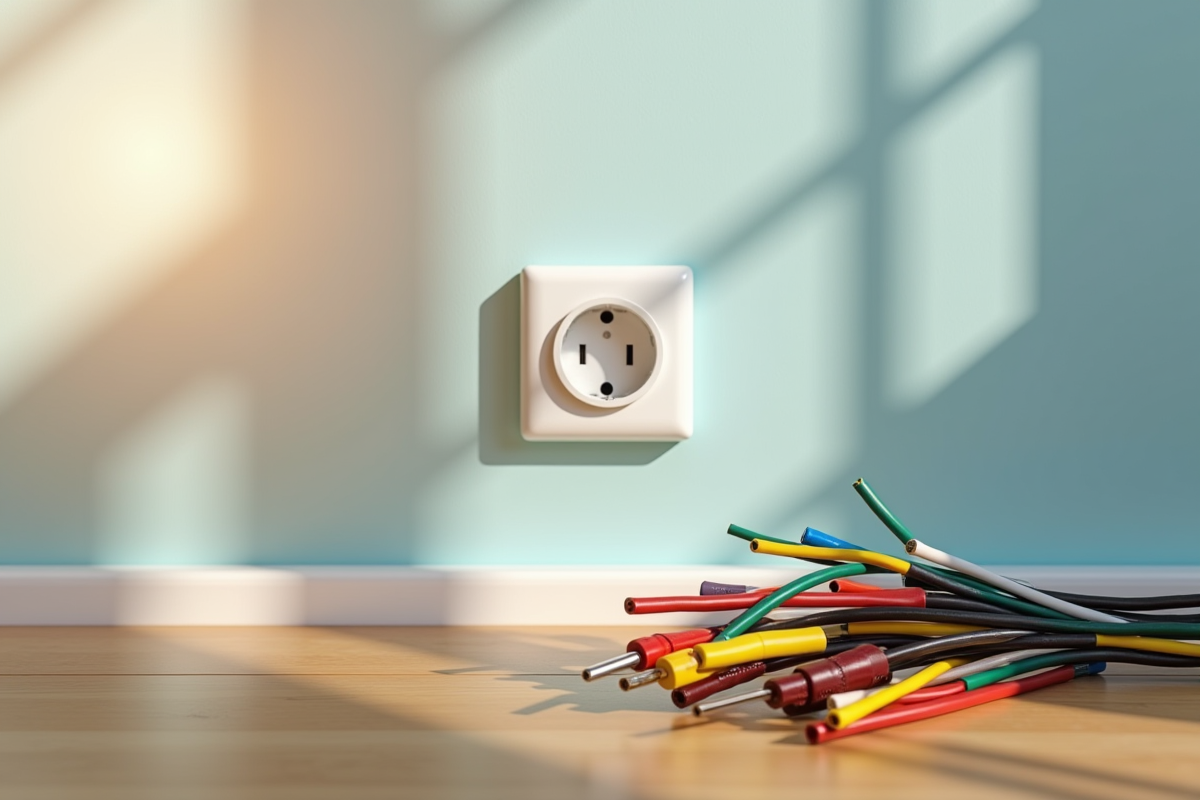 Prise électrique installée avec outils et fils colorés sur table