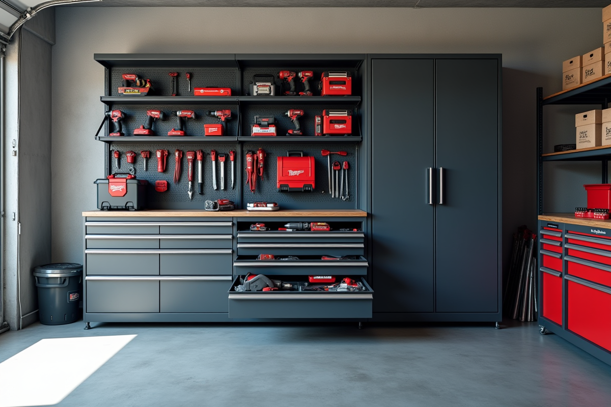 Rangement moderne dans un garage lumineux avec outils et boîtes bien rangés