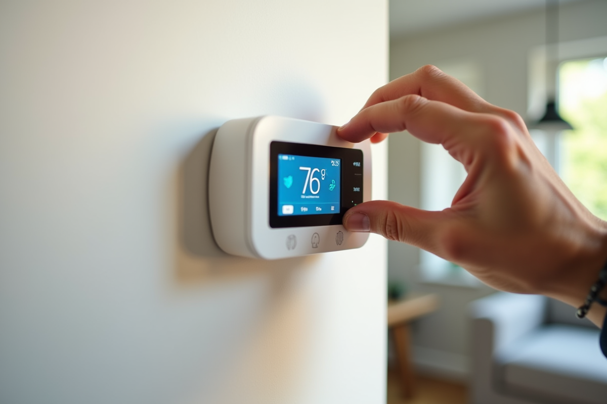 Main ajustant un thermostat intelligent dans un intérieur lumineux