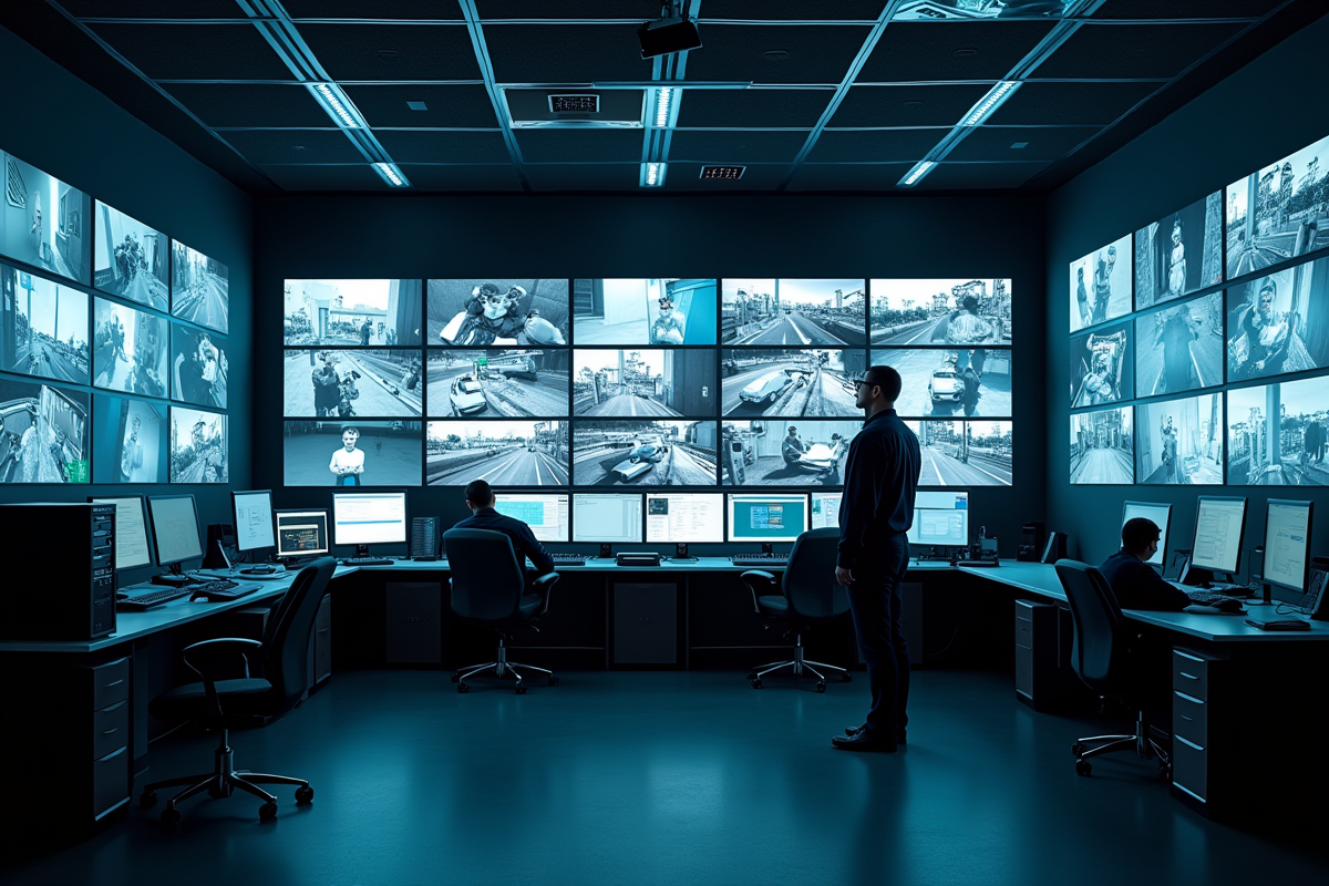 Salle de contrôle avec écrans de surveillance et technicien