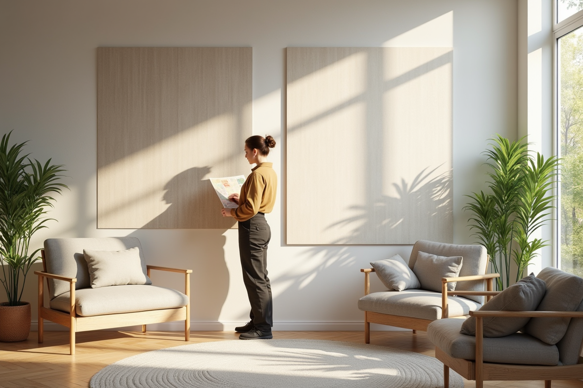 Salon lumineux avec un décorateur comparant des échantillons de papier peint