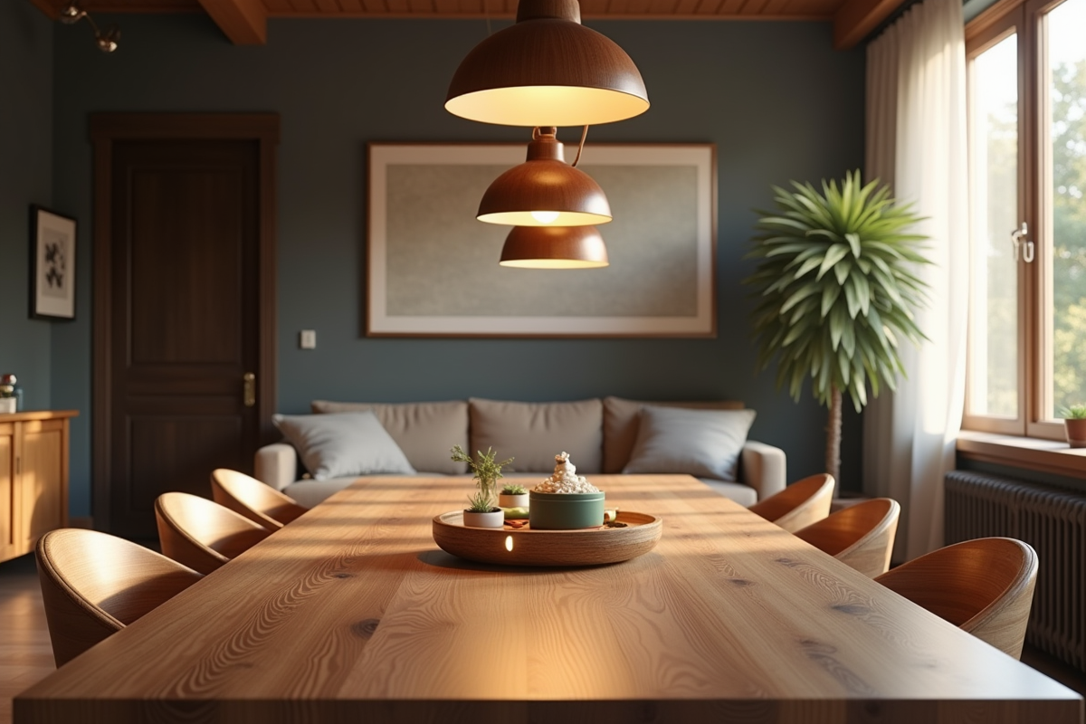 Salon chaleureux avec table en bois et suspensions design