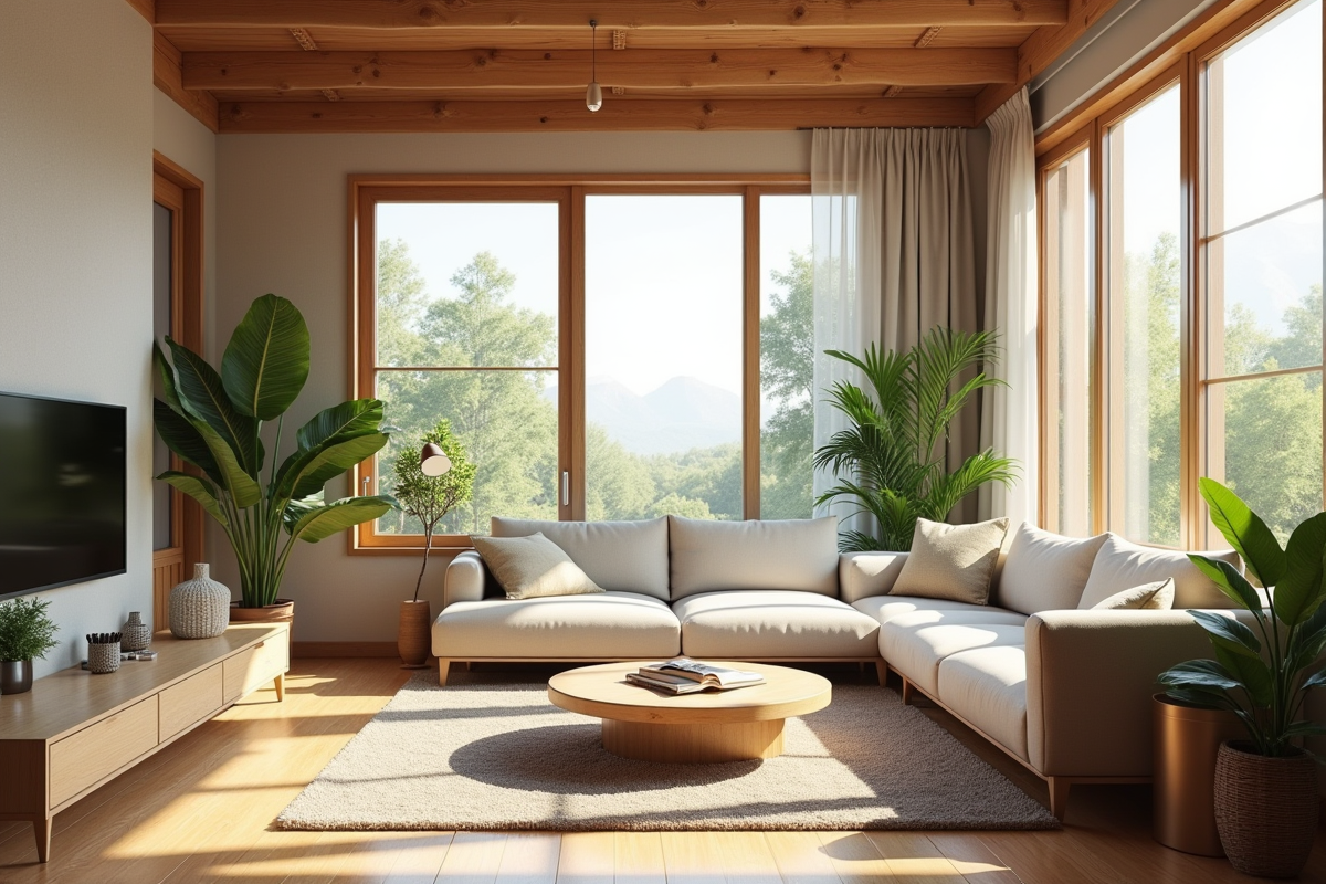 Salon intérieur lumineux avec design passif et plantes