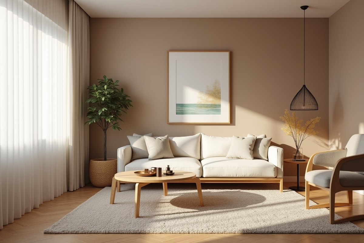 Salon scandinave avec murs taupe et mobilier en bois