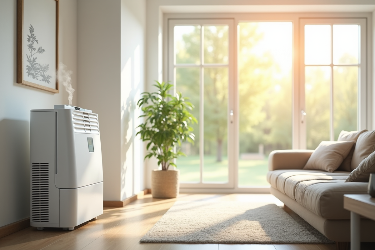 Salon lumineux avec déshumidificateur et plante verte