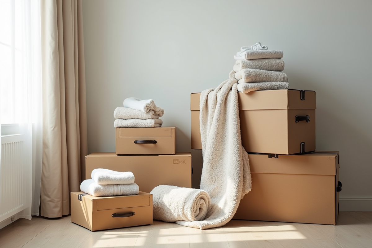 Valises empilees avec des objets emballes en couvertures pour demenager