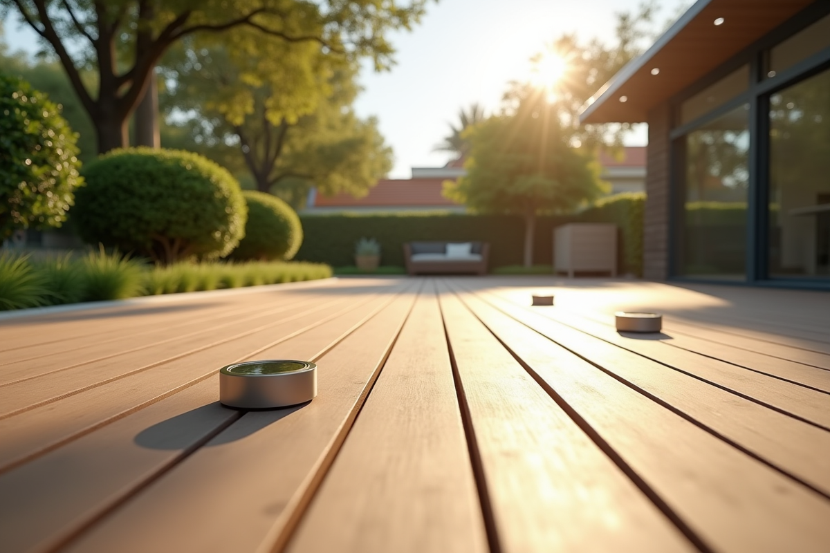 Grande terrasse moderne avec pedestals visibles en extérieur