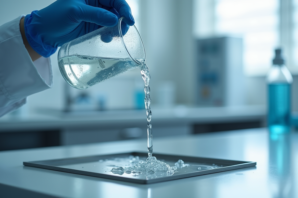Manipulation de chlore sur une plaque en inox dans un laboratoire