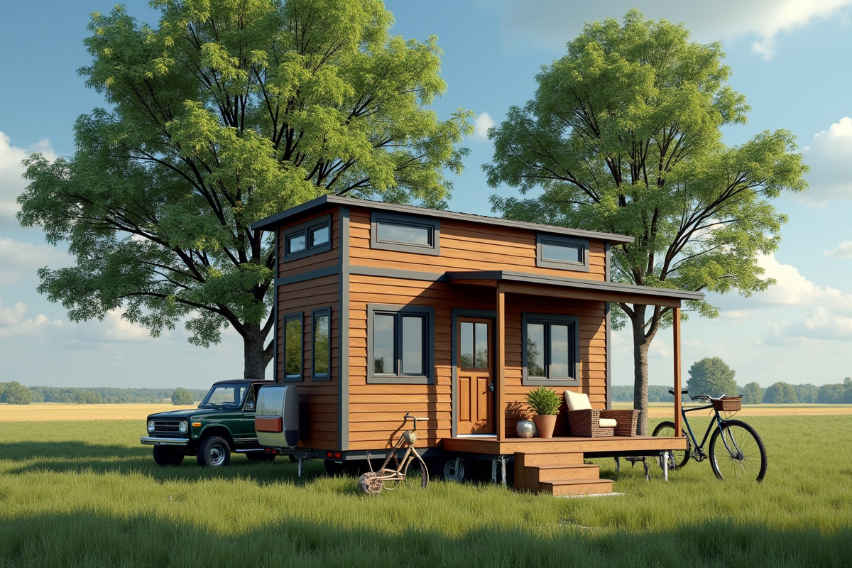 Tiny house sur remorque dans un paysage rural avec objets encombrants