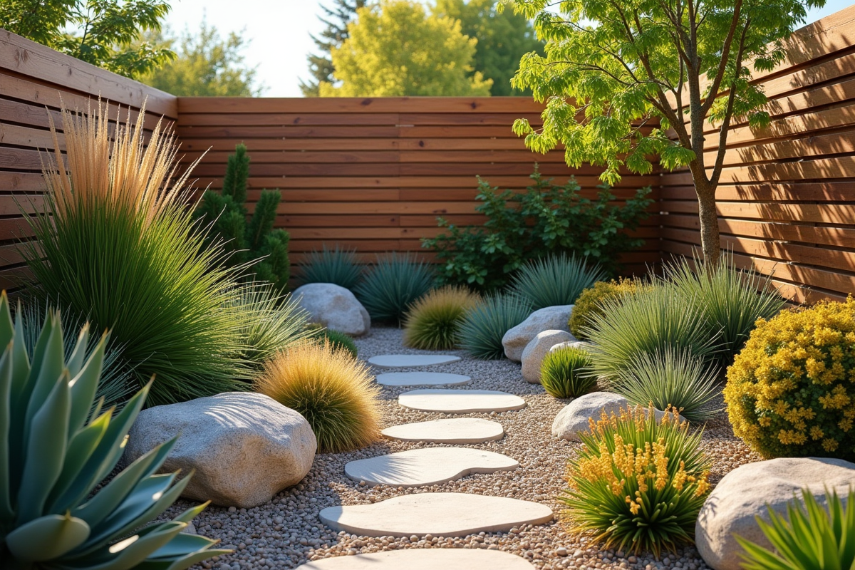 Jardin moderne avec succulentes et plantes résistantes à la sécheresse